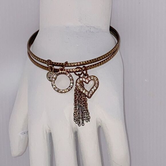 Guess Antique Style 2 Bangle Charm Bracelet Heart & Circle Rhinestone Tassle - Picture 4 of 6